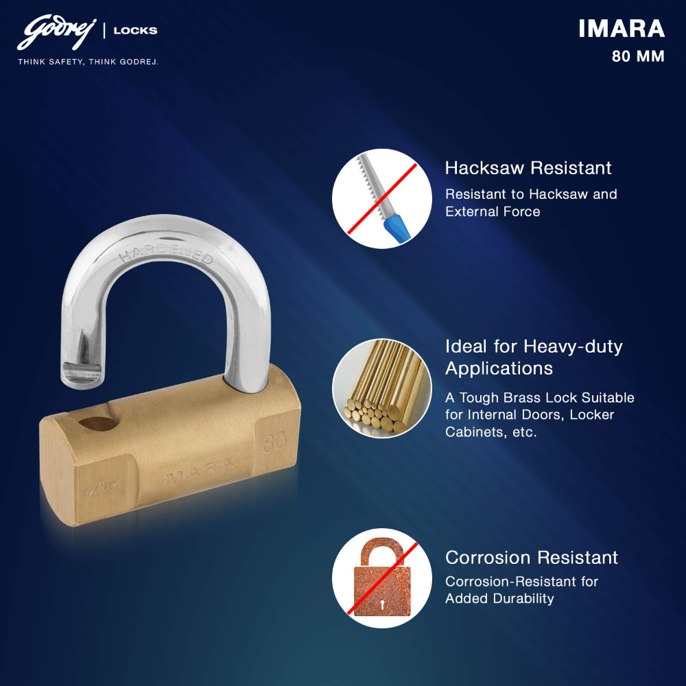 Godrej Locks I Godrej Imara 80 mm I 3 Keys I For Shutters, Grills & Main Doors I Brass Finish | 1 Years Warranty